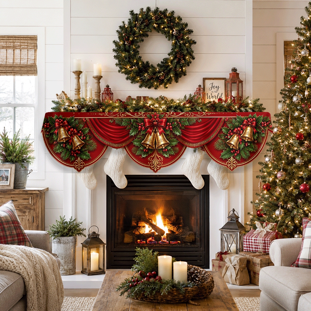 TEMU 1pc Christmas Fireplace Mantel Scarf, With Red Bows, , Holly And Pine - Like Patterns, 2d Flat Printing, Suitable For Fireplace And Window Door