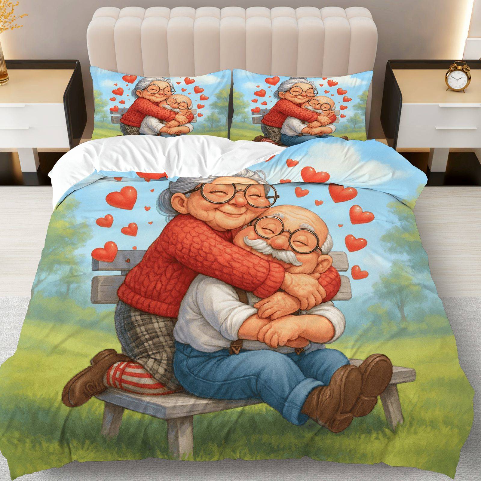 TEMU 3pcs Bedding Including 1 Duvet And 2 Pillowcases (filler Not Included), Featuring A Heart Bench Theme For Elderly Couples, Perfect For