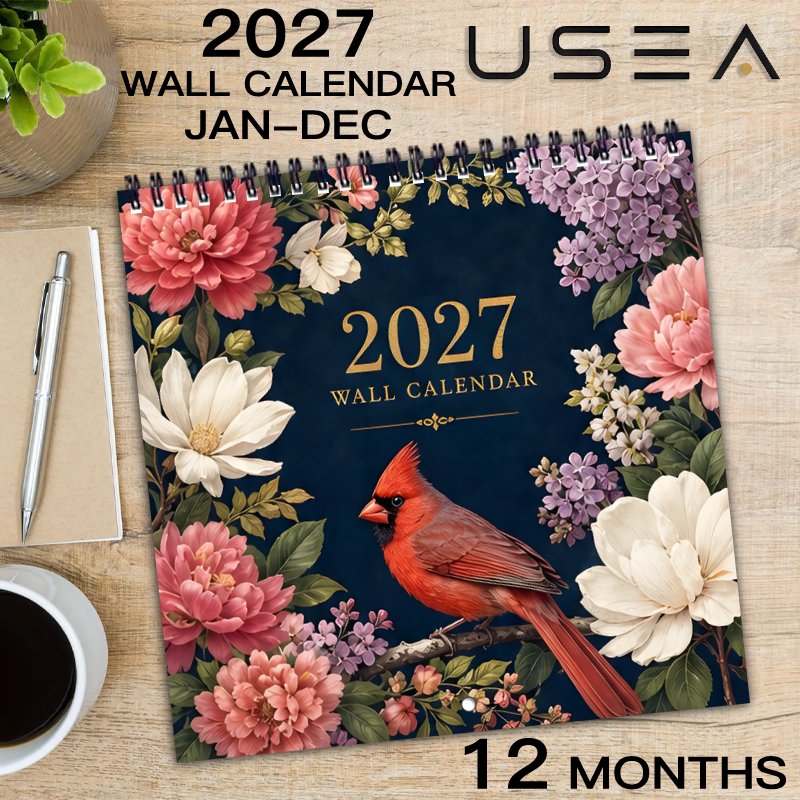 TEMU Calendriers Muraux 2027 - Calendrier Mural 12 Mois, Planificateur Mensuel, Cardinal Floral, Calendrier Suspendu avec Reliure Spirale à Double