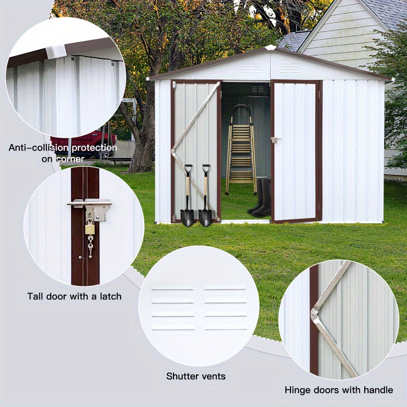 Heavy-Duty 8x6ft Metal Garden Shed with Apex Roof - Outdoor Storage building, Locking Doors, Ventilation Vents - Ideal for Backyard, Garage, Workshop - Durable Metal Construction (White+ Coffee Colors), Backyard Organization, Gable Roof Design, Weatherresistant Material, DIY Enthusiasts