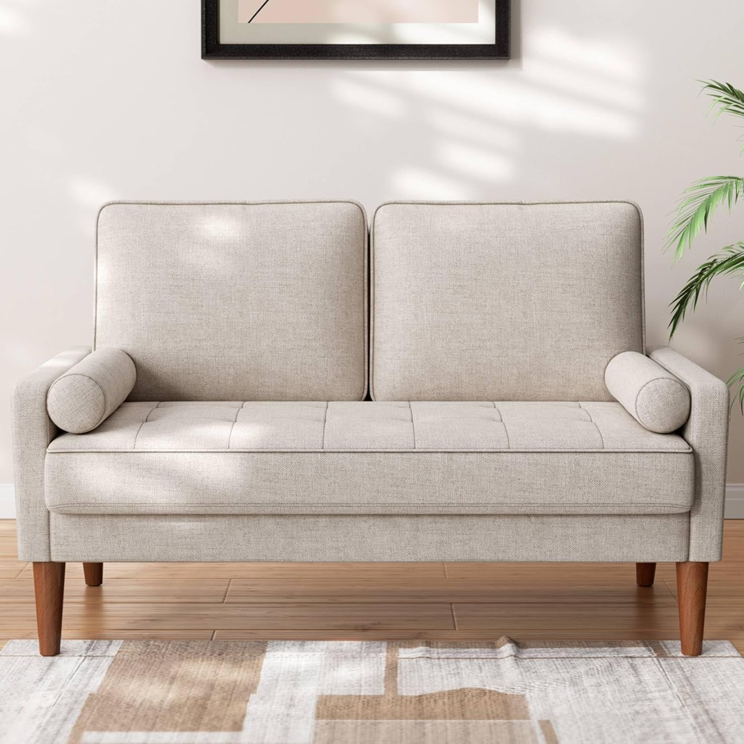 2 Seater Sofa With 2 Cushions, Mini Fabric Sofa For Living Room, Office Or Apartment, Ash Beige 121x77x87cm