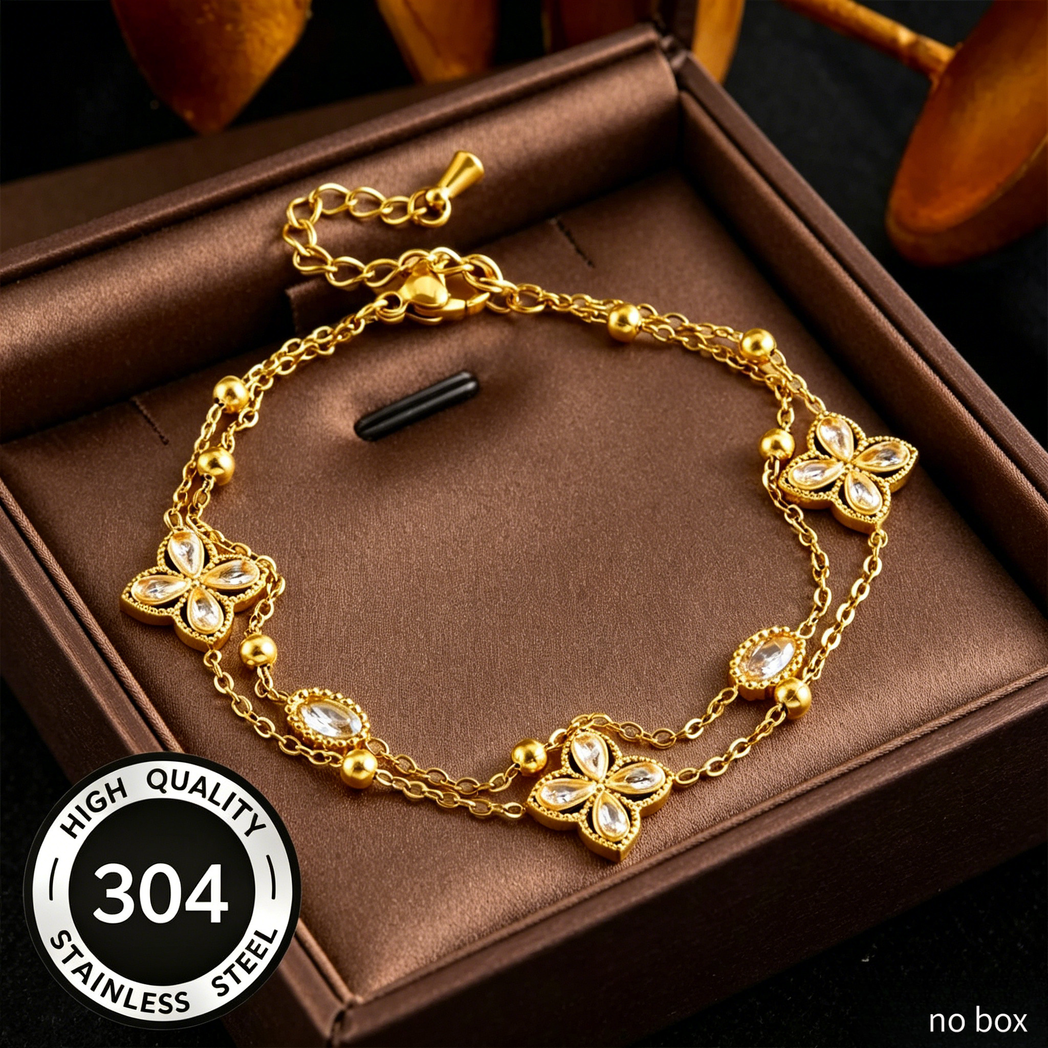 TEMU 304 Stainless Steel Material Inlaid Synthetic Zirconia Women's Bracelet, , Fashionable, Light Luxury, Niche, Temperament. Double Layered Layered