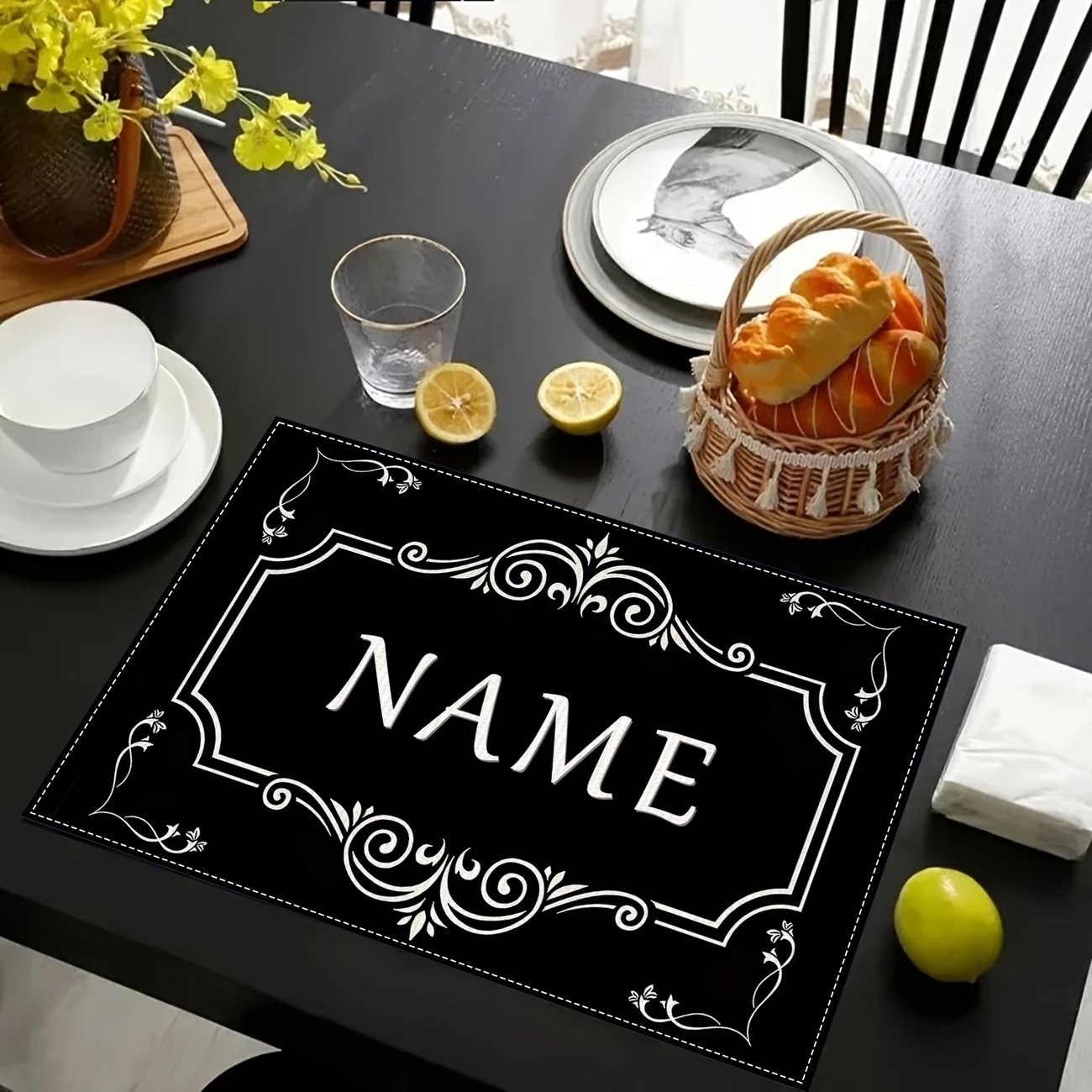 Image of Custom Placemats With 1/2/4/6 Characters | Black And , Home Decor, Durable Material, Machine Washable, Suitable For Family Gifts And Holiday Parties, 12x18 Inches