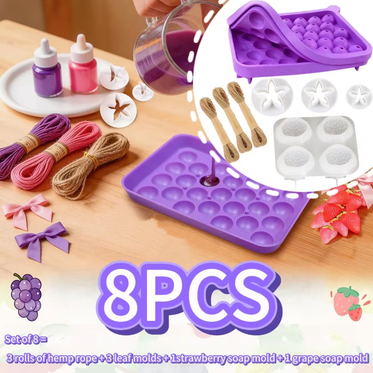 TEMU Set de 8 piezas = 1 molde de fresa y 1 molde de jabón y 3 moldes de hoja y 3 rollos de cuerda de cáñamo, set de molde de jabón de de fresa y uva
