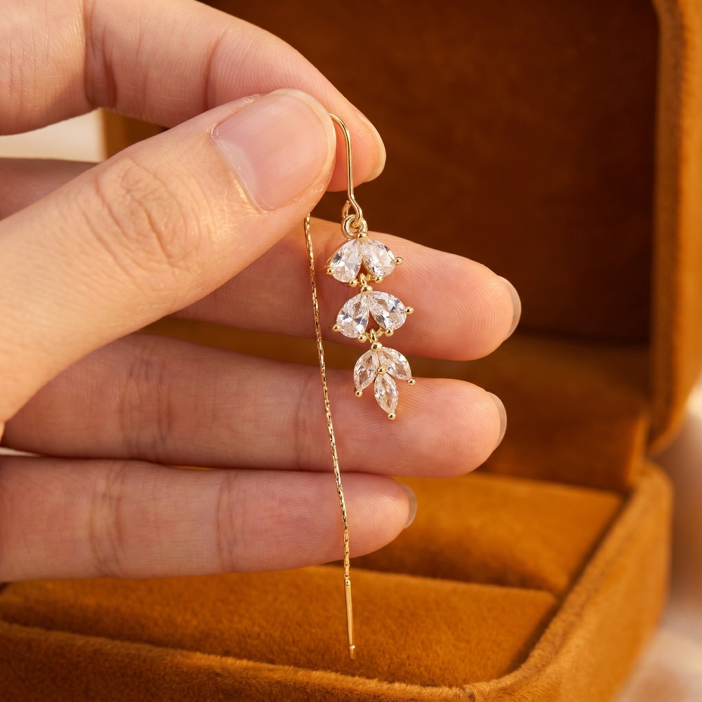 Women's Golden Leaf Tassel Dangle Threader Earrings