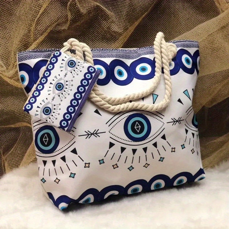 Image of Evil Eye Women's Beach Bag Large Capacity Handbag Shoulder Bag Fabric Tote Bag Summer Bag