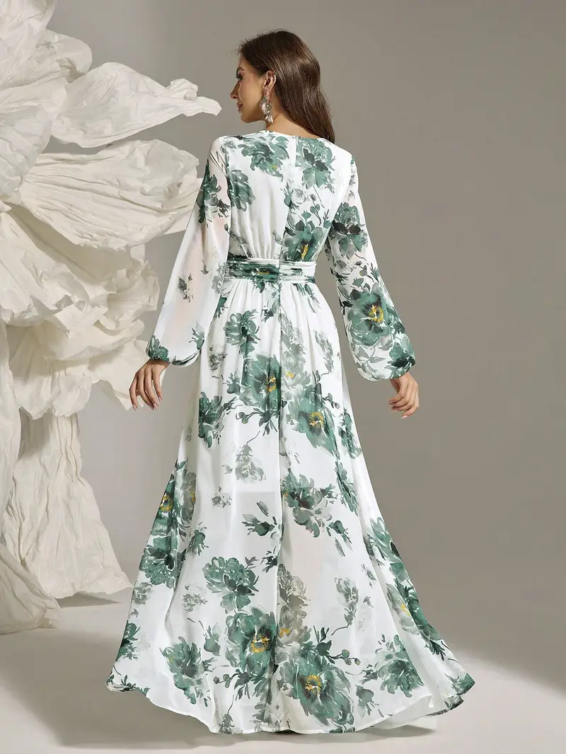 womens elegant full floral print maxi dress with three dimensional flower embellishments classic romantic long gown for office banquet casual wear 2025 new arrival Product details 1