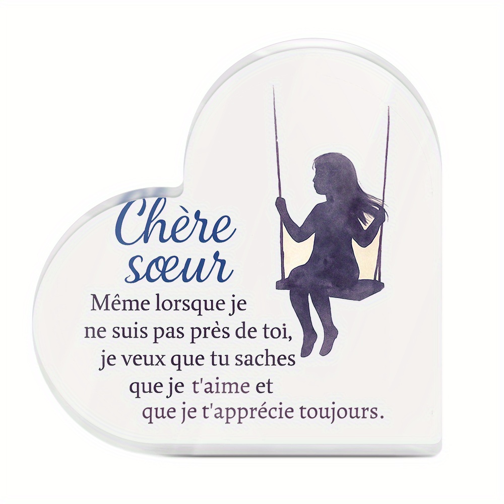 TEMU 2d Flat, 2d Flat Putuo Decor 1pc French Heart-shaped Acrylic Sign Tabletop Décor, "chère Sœur," Desktop Gift For Sister – Perfect