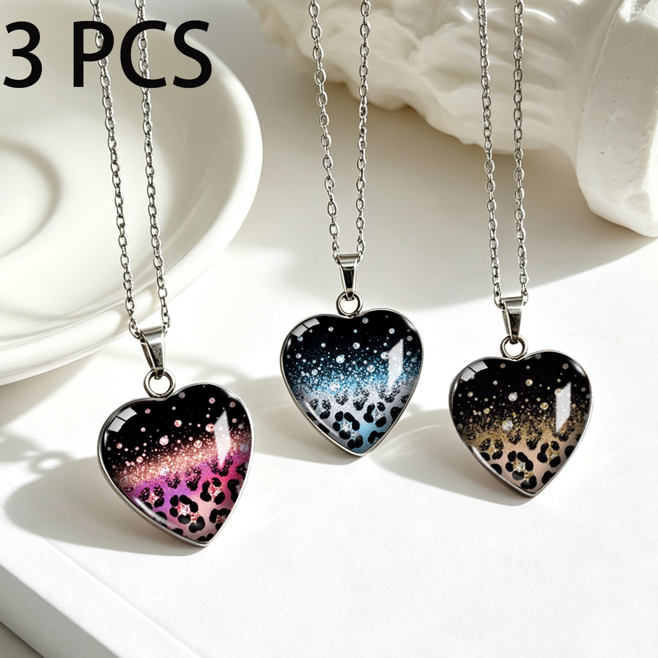 TEMU 3pcs Multicolor Gradient Leopard Print Heart-shaped Stainless Steel Necklace Set Unisex Decorative Necklace