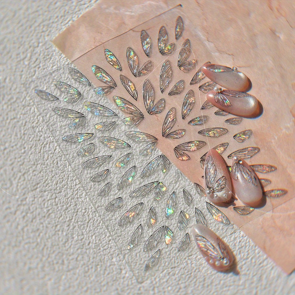 Image of 1pc Wings Nail Art Stickers - Translucent Fairy Design, Self-adhesive Decals For Diy Nail Decoration, Laser Finish, Fantasy Theme, Plastic Material, Nail Art Accessories|fairy |selfadhesive Decal
