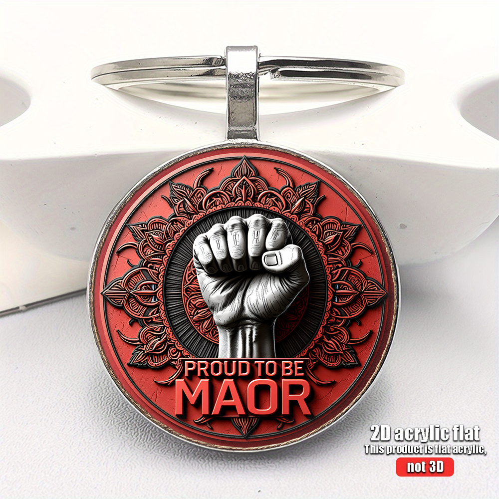 TEMU 2d Flat, 1pc 2d Flat Maori Themed "power Of " Keychain, Featuring A Traditional Pattern In Black, White, And Red With Exquisite Texture And A