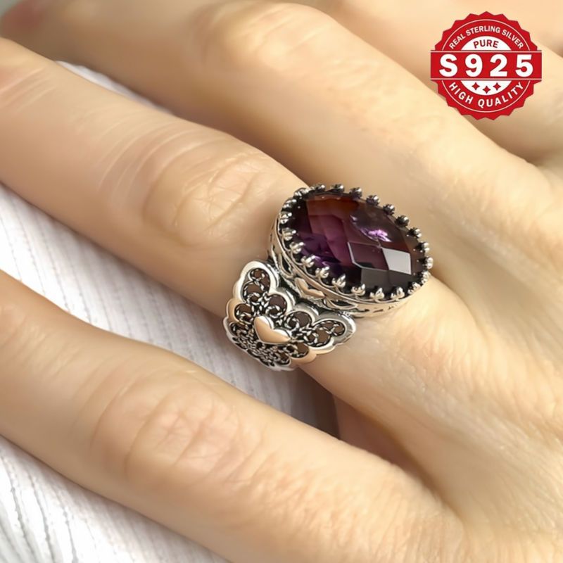 handcrafted 925 sterling silvery cocktail ring with amethyst gemstone vintage boho   for weddings parties details 10