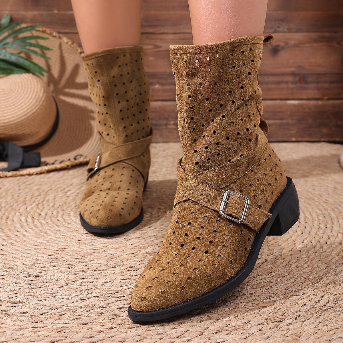 TEMU Hollow Breathable Western Cowboy Boots, Metal Chunky Heel Short Boots, Summer Retro Versatile Women's Boots, Women Shoes