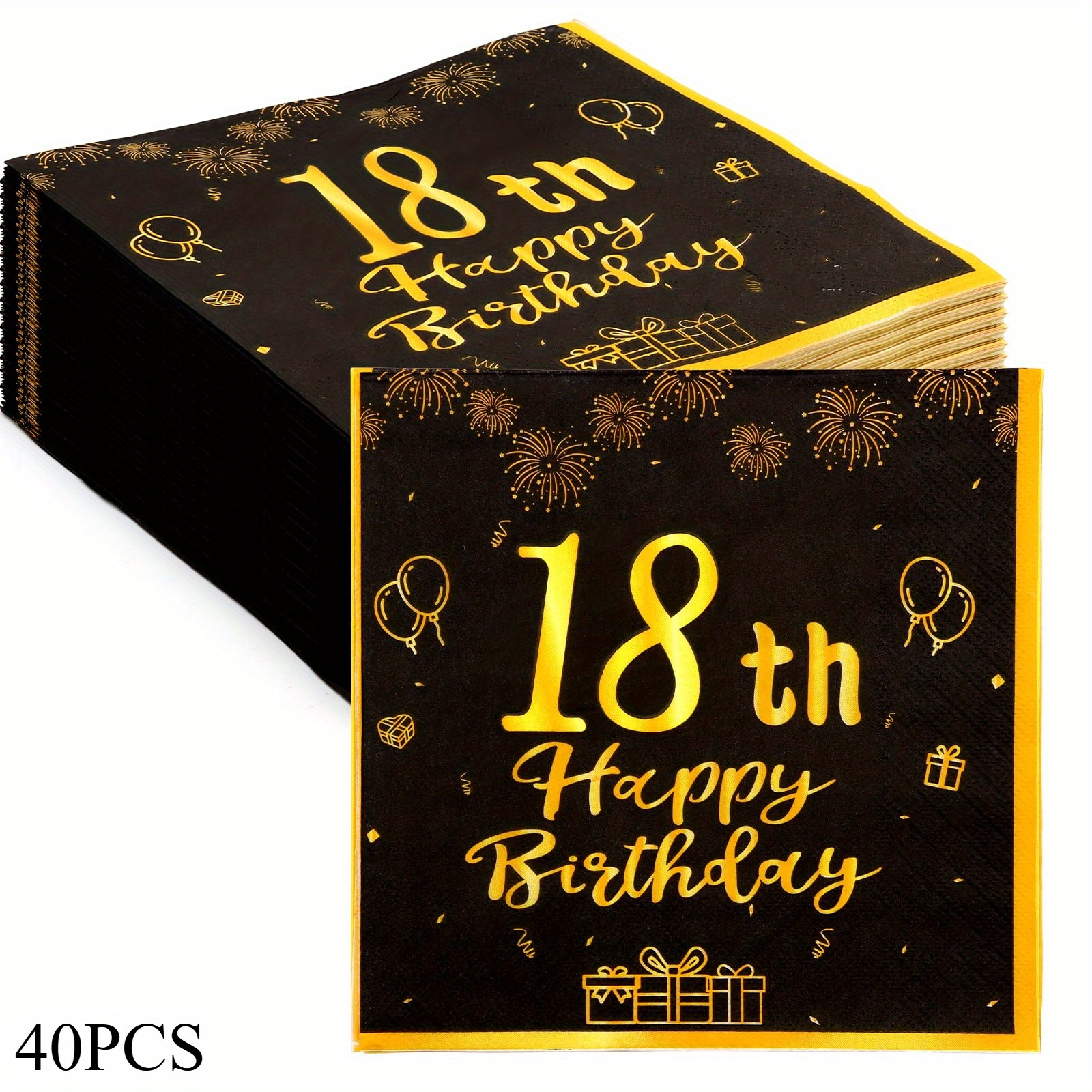 E-shop 40er-Set schwarz-goldene Servietten zum 18. Geburtstag, Geburtstagsparty-Zubehör, Feiertagsdekoration