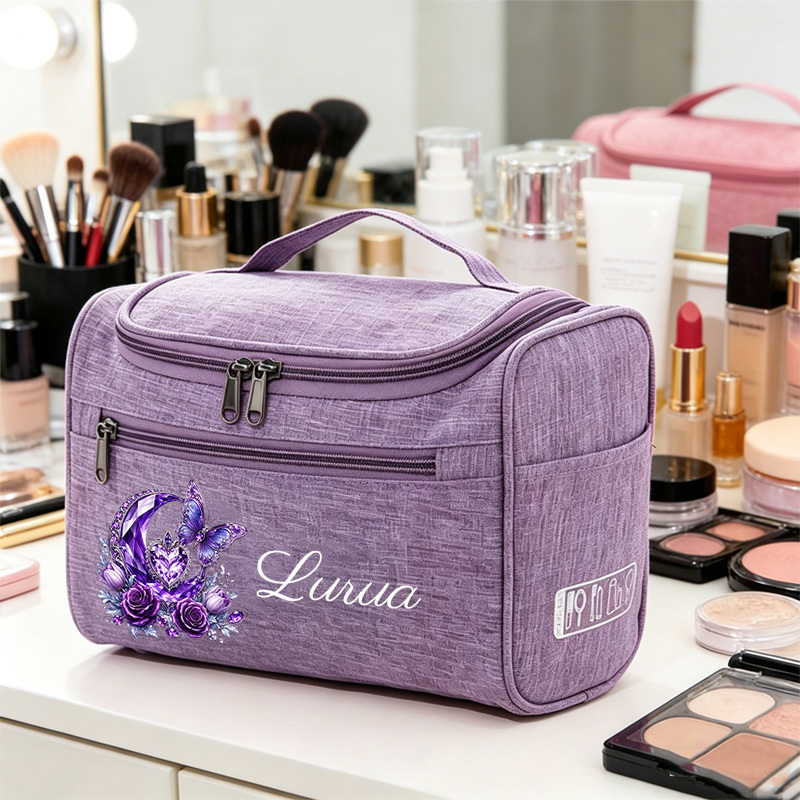 TEMU Purple Rose Print Name Custom Hand Wash Bag, Thoughtful Birthday Gift, Holiday Gift Choice, Unisex Handheld Organizer, Makeup And Skincare