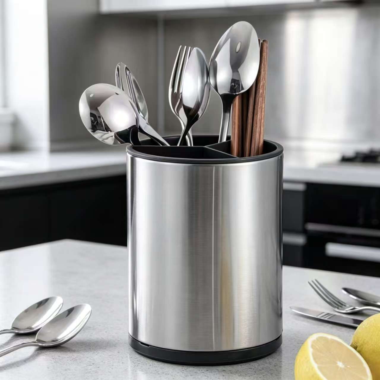 TEMU 1 Stainless Steel Kitchen Utensil Holder, 360-degree Rotating Cylinder With Drainage Holes And Dividers, Brushed , Multi-functional Dishware And