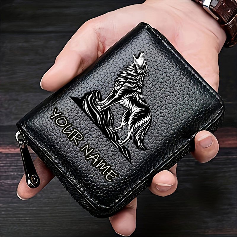 TEMU 1pc Personalized Name Engraved Wolf Pattern Lychee-patterned Card Bag, Men's Zippered Pu Credit Card Holder, Minimalist Accordion Style Wallet,