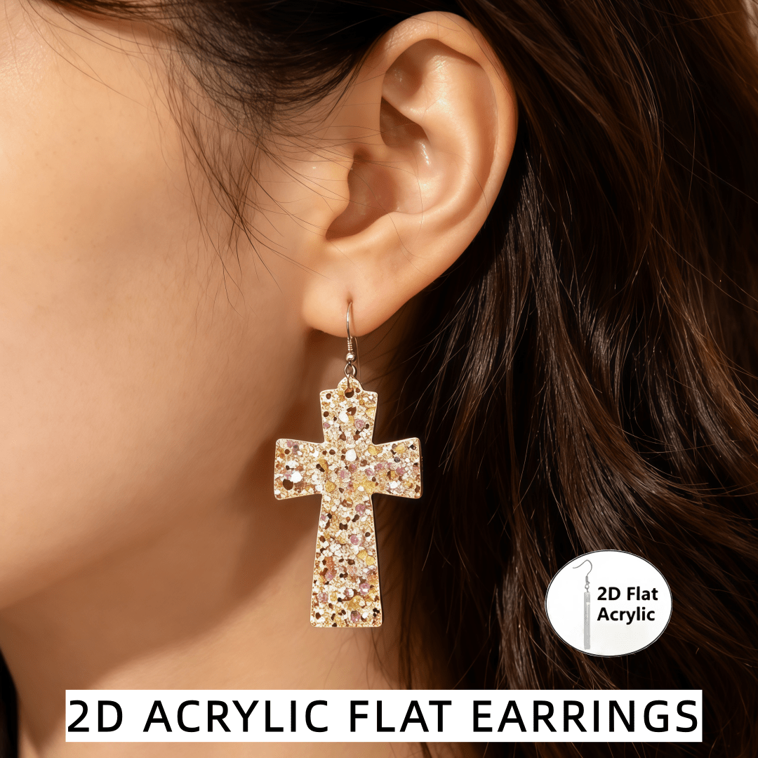 Glitter Sequins Cross Acrylic Dangle Drop Earrings