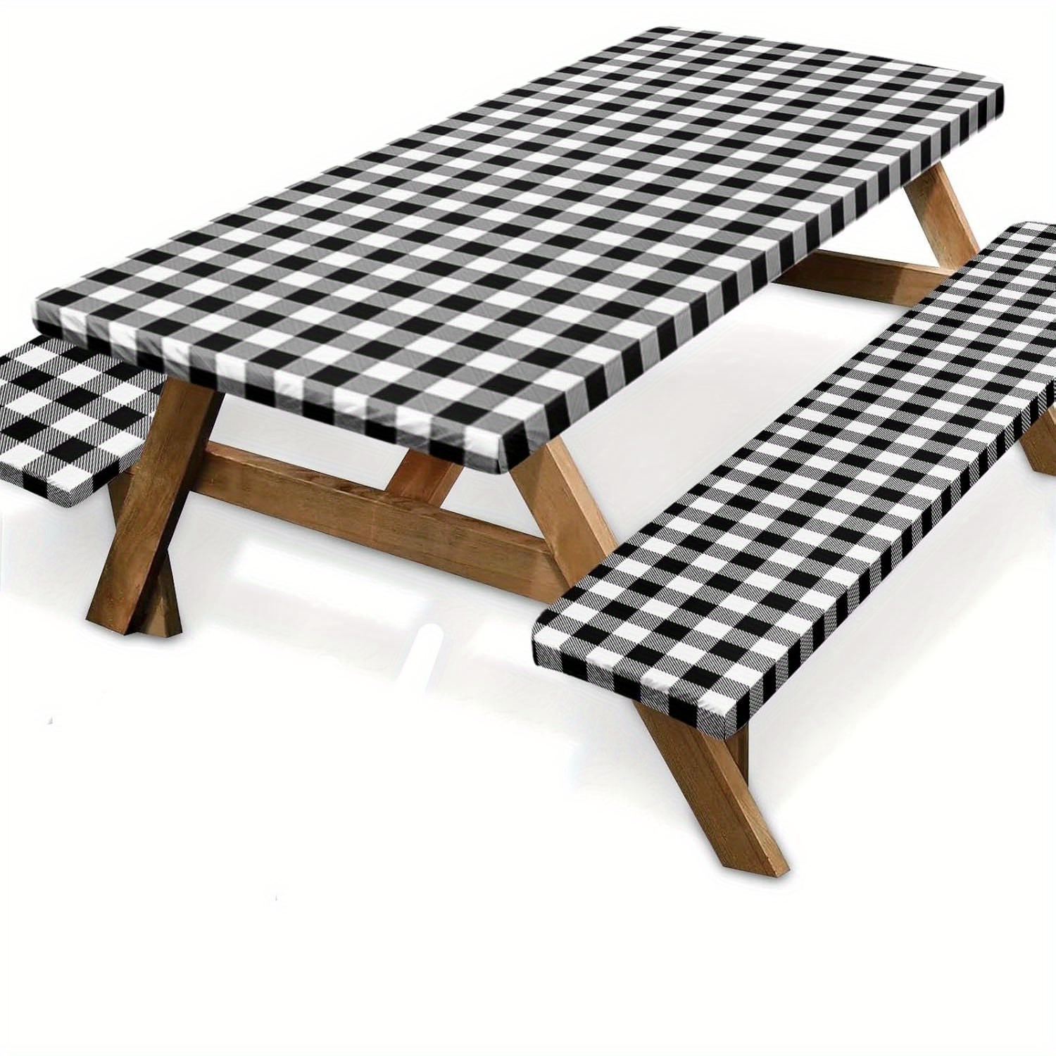 ALHAPY Picnic Table Cover With Bench Covers, 3 Pcs Waterproof Camping Essentials Tablecloth, Picnic Table Covers With Elastic Fitted Tablecloths For 6