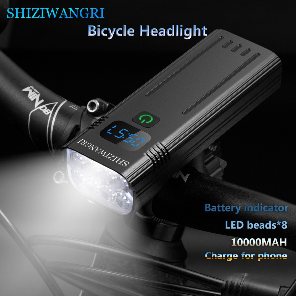 SHIZIWANGRI 10000mAh Fietsverlichting USB Oplaadbaar 5 Lichtmodi 8*LED Highlight Bergweg Fiets Voorlicht Lamp Vermogensdisplay Fietslamp Zaklamp Aluminiumlegering Fietsaccessoires