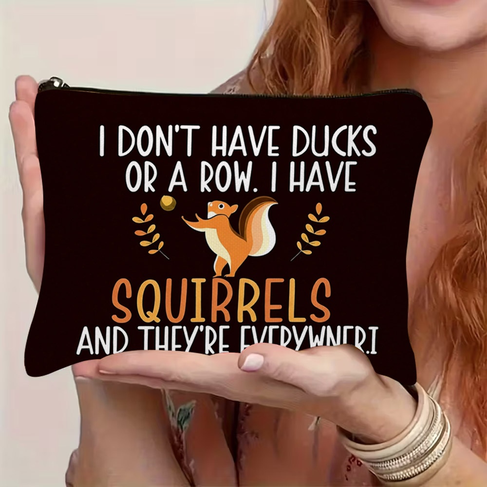 TEMU 1pc 2d Flat Printed Cartoon Squirrel Cosmetic Bag With Zipper, Cute Squirrel Holding Nut, Funny Text & Branches Design, Lightweight Durable