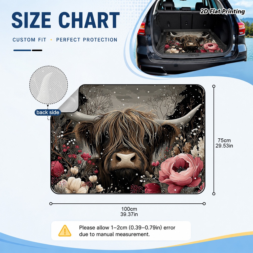 TEMU 2d Flat, 1pc Soft Cargo Trunk Liner With Winter Highland Cow Blossoms Artwork, Universal Car Boot Mat For Suv Truck, Dirt Resistant Protective