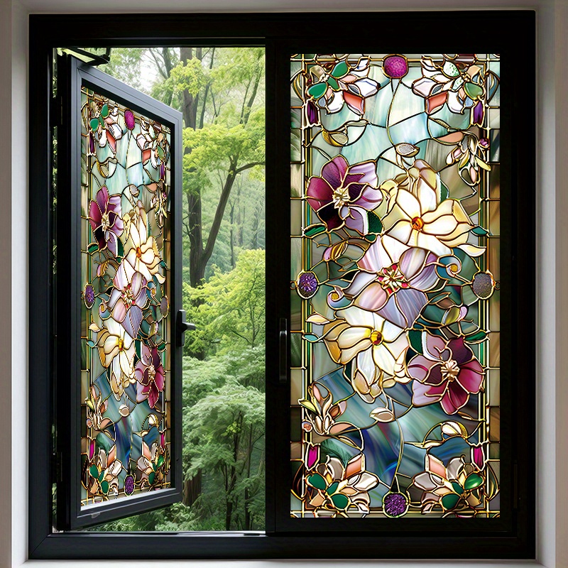 1pc static cling privacy window film with stained glass   colorful flowers green leaves on blue pvc   thick removable covering no   heat resistant for home windows bathroom doors 17 7 x39 4 45x100cm