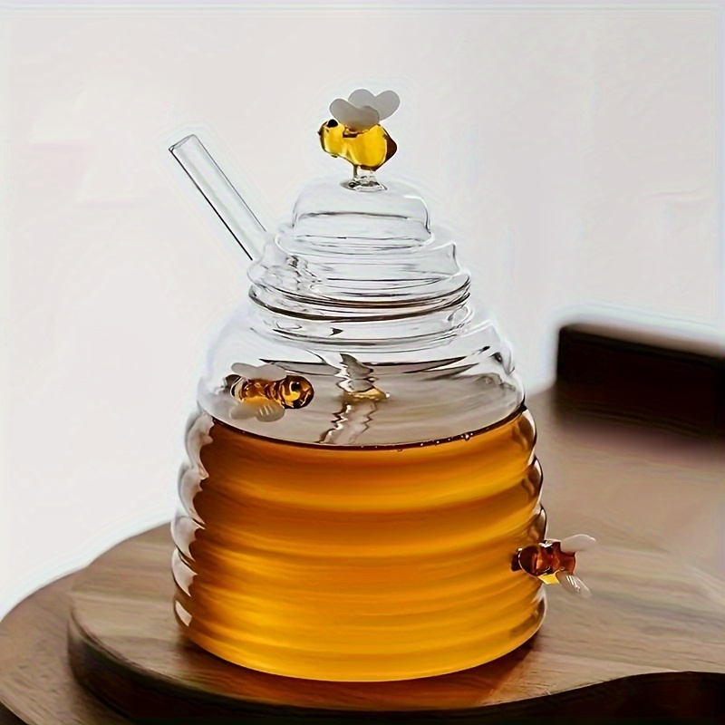 TEMU Design 500 Ml/ -resistant Glass Honey Jar With Stirrer - Cute Clear Honeycomb For Syrups And Sweets, Durable And Shatterproof, Essential For And