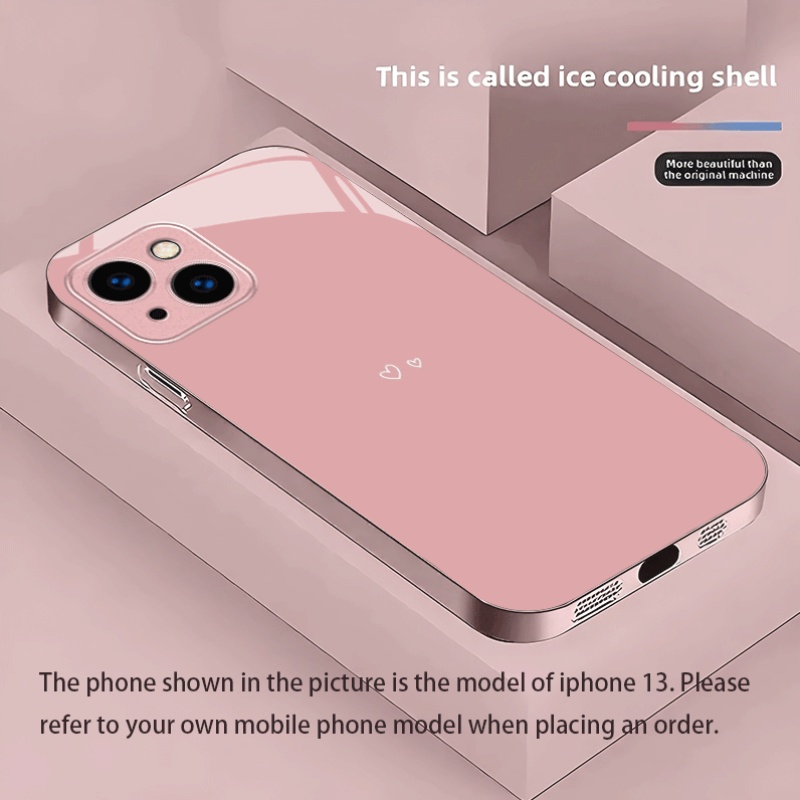 TEMU Phone Case - Minimalist Pink Love Heart Metallic Paint Tempered Glass Phone Case For