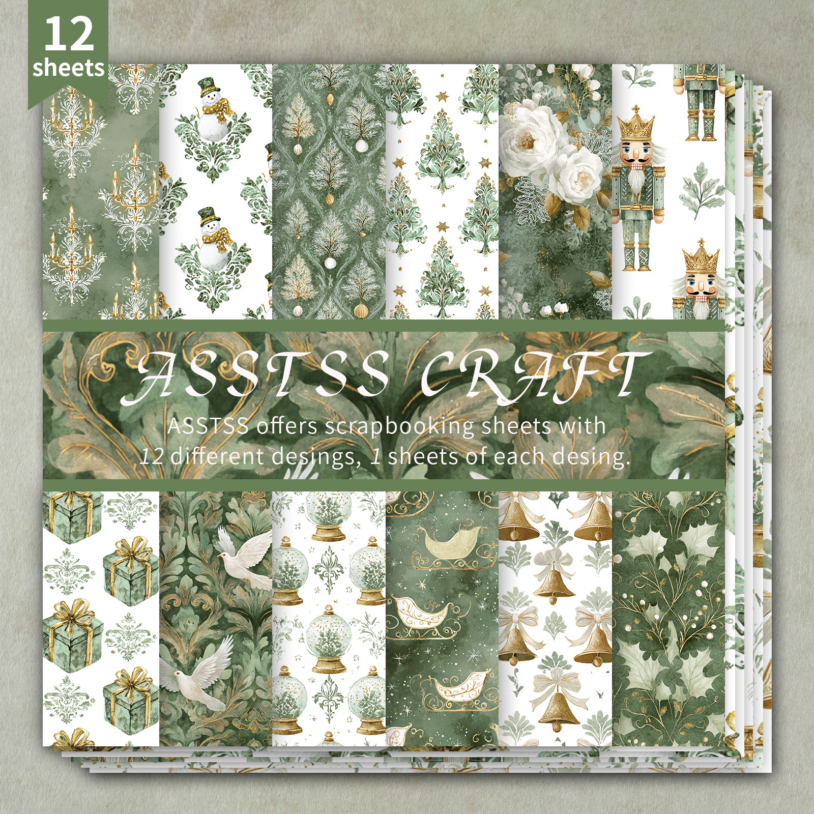 TEMU ASSTSS Bloc de Papier Scrapbooking de 12 Feuilles - Carton Épais avec Floraux Aquarelle Rétro, Noël & Multicolores Adaptés au Journaling, Art de