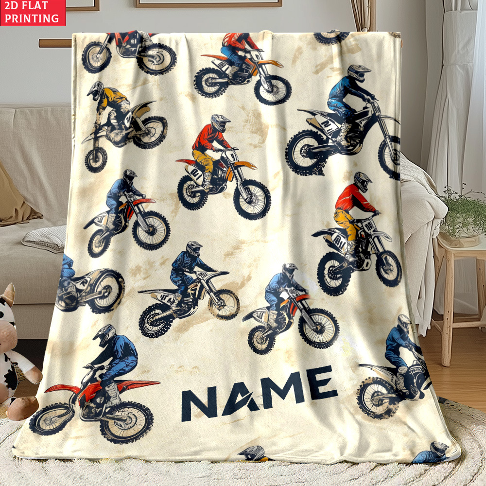 TEMU 1pc 2d Flat Mountain Motorcycle Athlete Print Custom Name Portable Blanket | Lightweight Polyester Fabric, Suitable For Travel, Camping, Living
