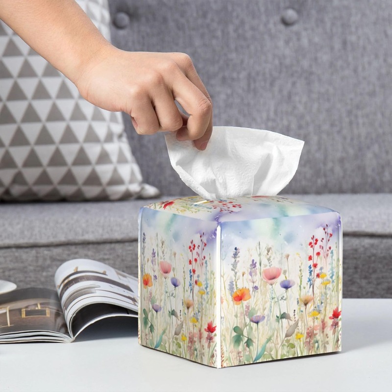 waterproof pvc leather watercolor floral tissue box cover square decorative holder with multicolor flowers fit for bathroom home car office portable tissue dispenser organizer 5 2x5 2x5 2in ideal gift for housewarming birthdays Product details 5