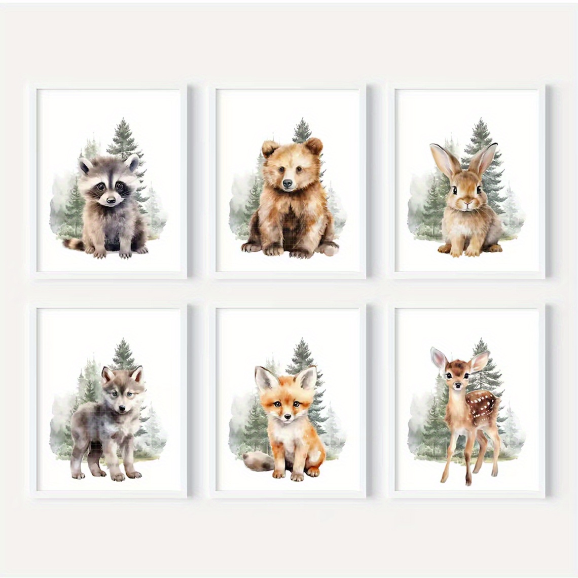 TEMU 2d Flat, 6pcs, Wall Arts, Vintage Posters, Woodland Animal Print, Boys Room Wall Art, Forest Animal Room Decor, Watercolor Bear Deer Fox Print,,