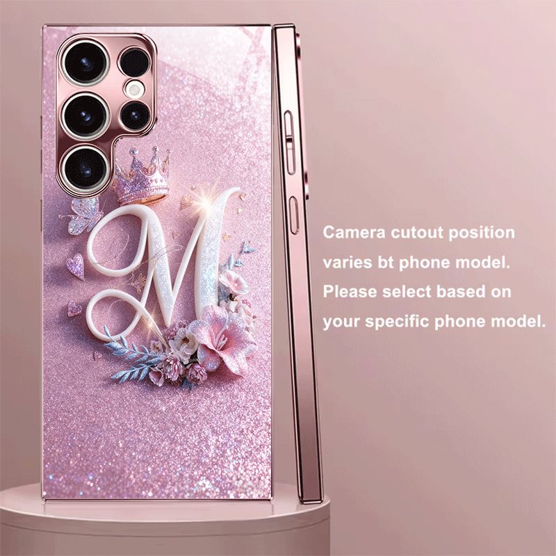 TEMU Phone Case: Floral Crown Letter M Pattern New Electroplated Powder Tempered Glass Phone Case, Suitable For Galaxy A51/a52/a53