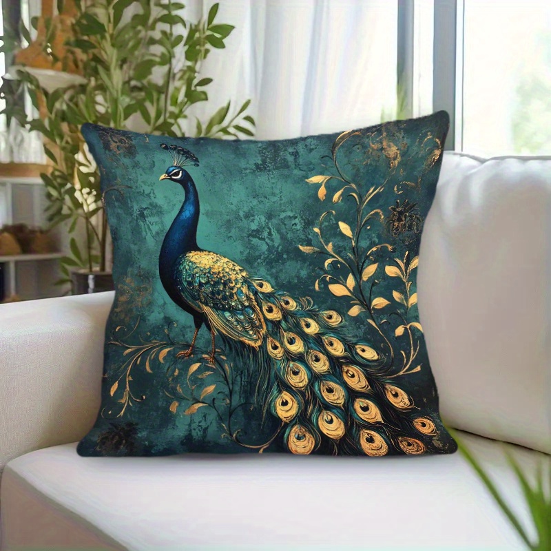 TEMU 1pc Pillowcase, Elegant Peacock Art Pillowcase - Luxurious And Golden Decorative Cushion Cover, Soft And Smooth Texture Polyester Short Plush