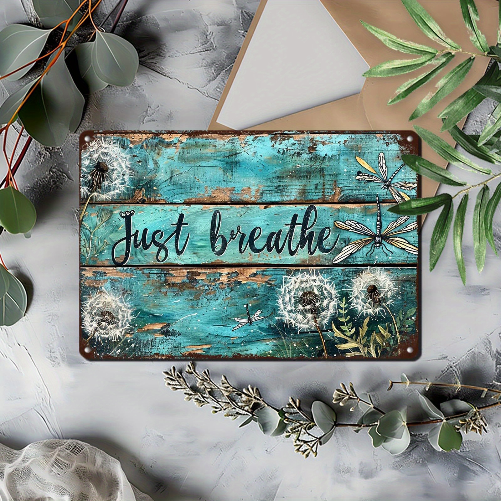TEMU 2d Flat, 1pc Vintage Boho Metal Wall Sign With Dandelion & Dragonfly - 8x12 Inch Rustic Floral Tin Plaque Suitable For Indoor/outdoor Use,