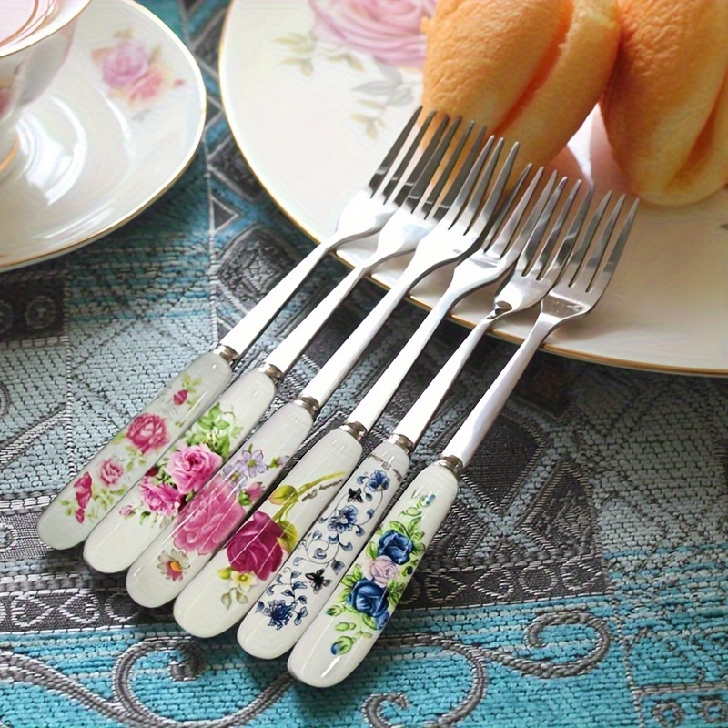 TEMU 6pcs Floral Ceramic Handle Stainless Steel Fruit Forks, Salad Forks, Small Forks, Suitable For Dessert Forks At Home, Afternoon Tea, Restaurant