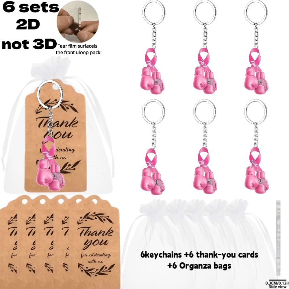 TEMU Plat 2D, Plat 2D - Cadeau pour Elle/Lui Plat 2D, 6pcs Porte-clés Gants de Boxe Roses Ruban de Sensibilisation Combat pour Sac, Porte-clés Lot de