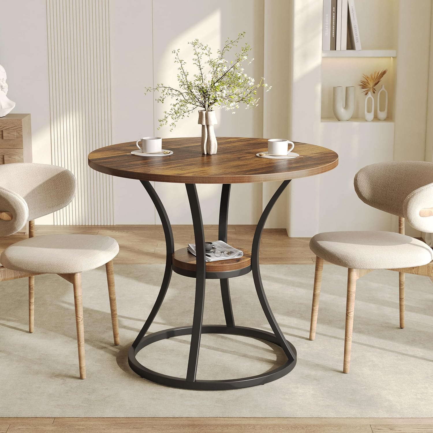 Image of Round Dining Table For 4 With Storage Shelf - Rustic Farmhouse Wood Table Suitable For Small Spaces, Base & Wood Top, Space- Bistro Table For Apartment, Assembly, Modern Or Living Room Furniture