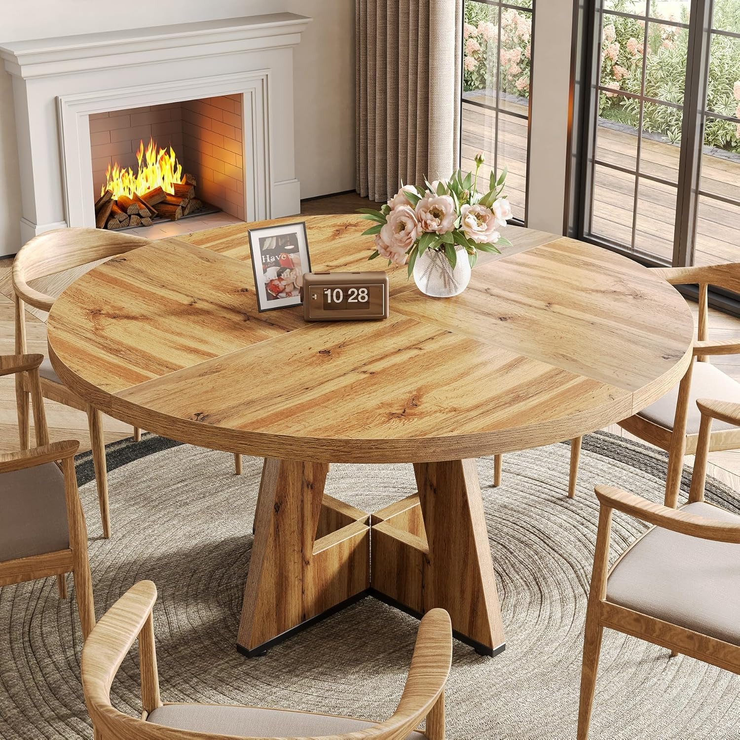 Image of Round Dining Table Suitable For 4-6 People, 47-inch Table With Pedestal Base & Wood Top, Wood Circle Kitchen Table For Dining Room, Kitchen, Living Room -