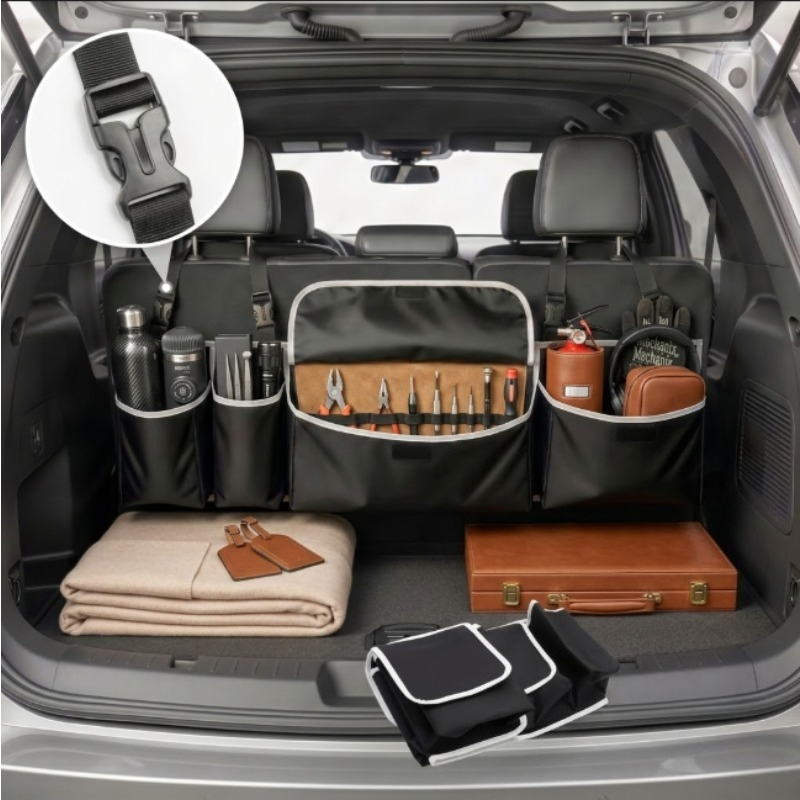 TEMU Trunk Organizer With Lid For Cars - Multifunctional And Heavy-duty, Suitable For Various Car Models. Foldable, With 4 Pockets, 3 Storage Straps,
