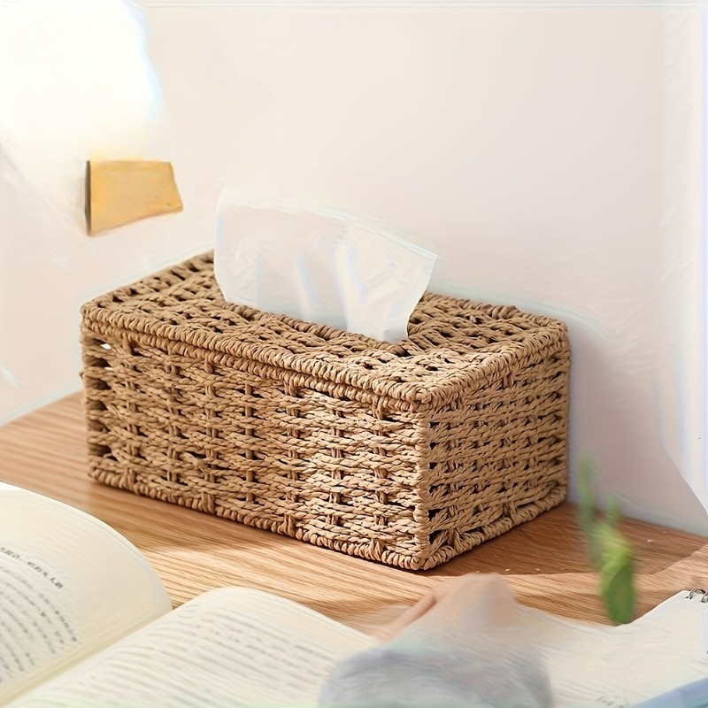 TEMU Four-season Tissue Box, Bohemian Style Hand-woven Tissue Box, Vintage Desktop Tissue Organizer, Toilet Paper Storage Box, Universal For Home And