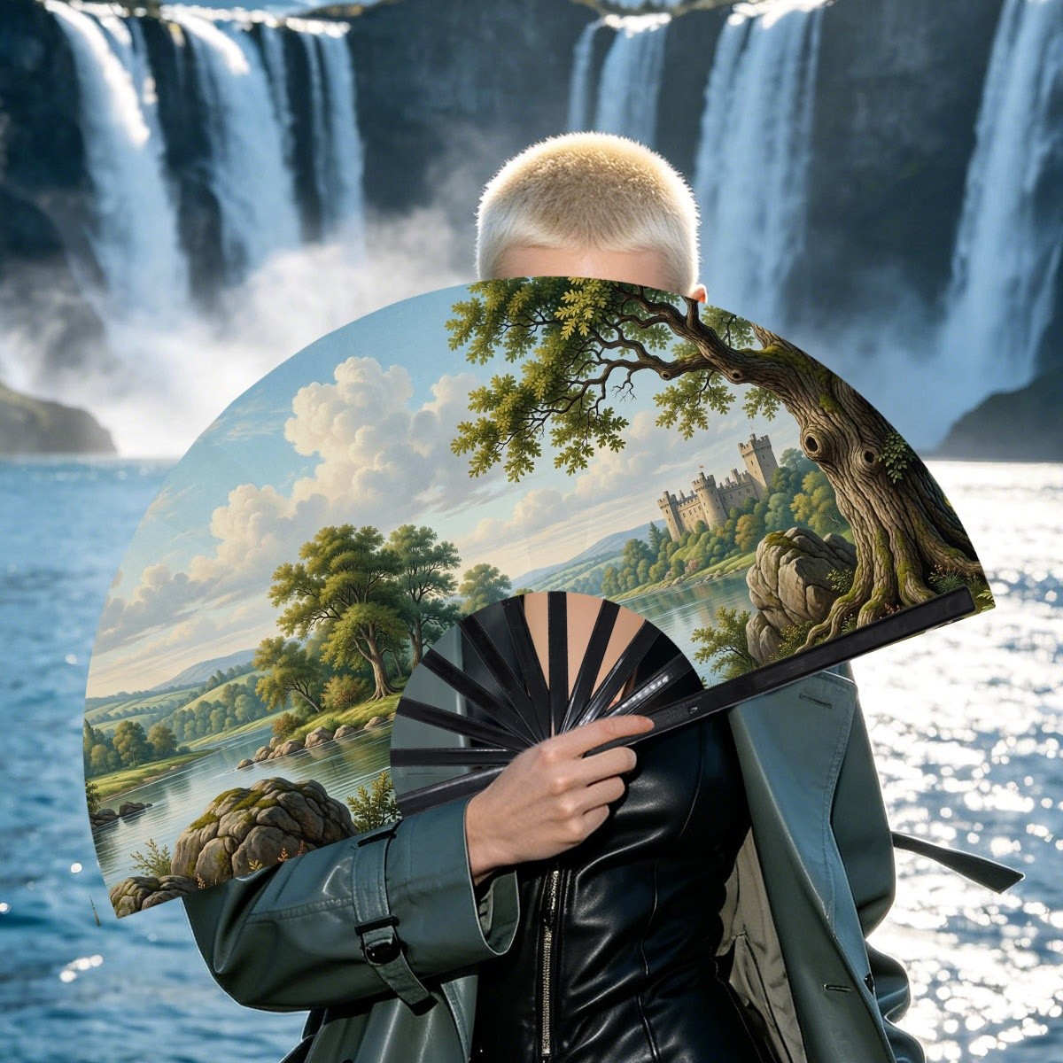 1pc Women s Folding Handheld Fan with Castle   - Portable Collapsible Design Suitable for Daily Use, Outdoor, Office & Parties, Elegant Twill Blower for Cooling, Decorative Accessory for, Travel, and Gifts