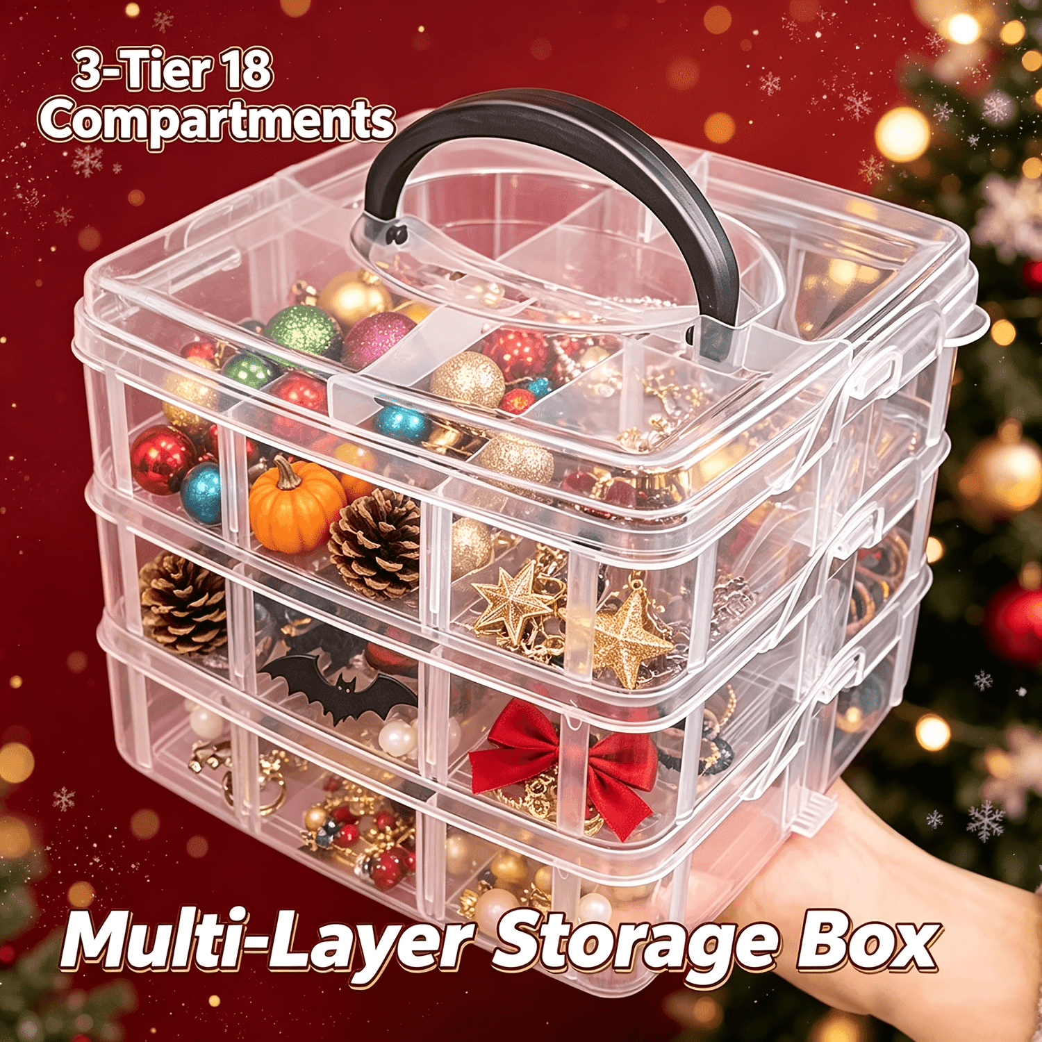 TEMU Fournitures de décoration pour Noël, Halloween et les fêtes, grande boîte de rangement avec couvercle et poignée, fermeture à pression, grille
