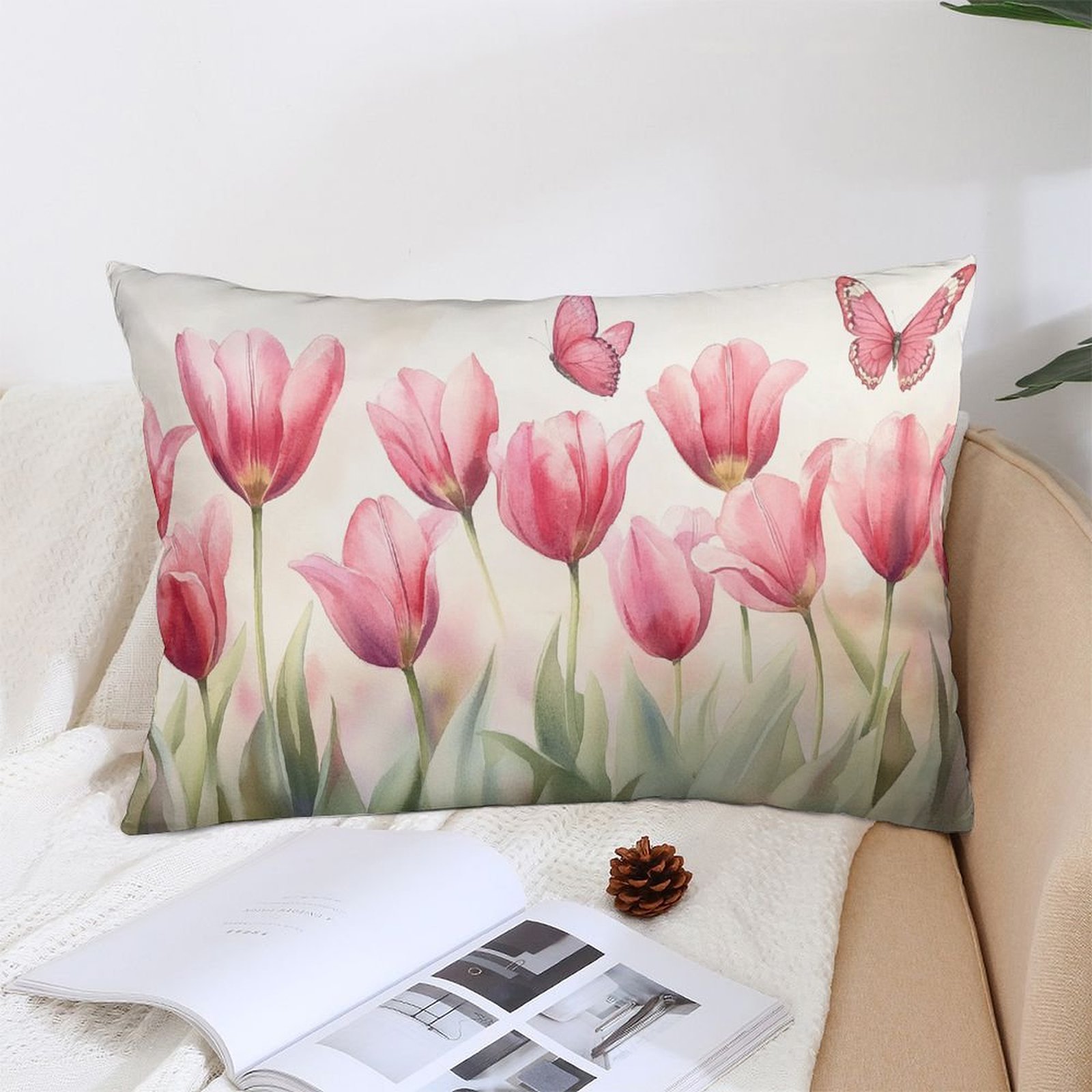 

1pc Style Watercolor Pink Tulips And Butterflies Print Pillow Cover, Soft Plush Polyester Decorative Throw Pillowcase With Zipper Closure, Machine Washable For Room Types - 12x20 Inch