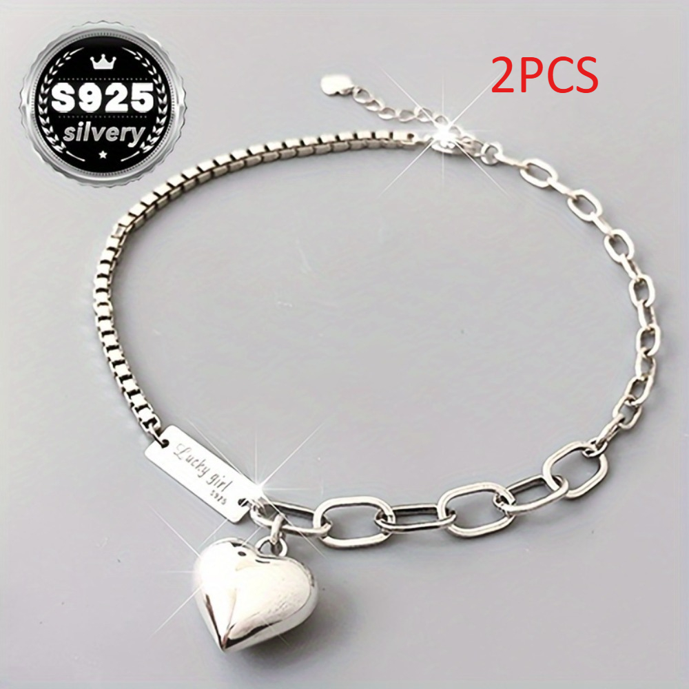 TEMU Free Elegant 925 Sterling Silver Heart-shaped Pendant Anklet - Classic And , Suitable For Daily Wear Or Parties, Perfect Gift