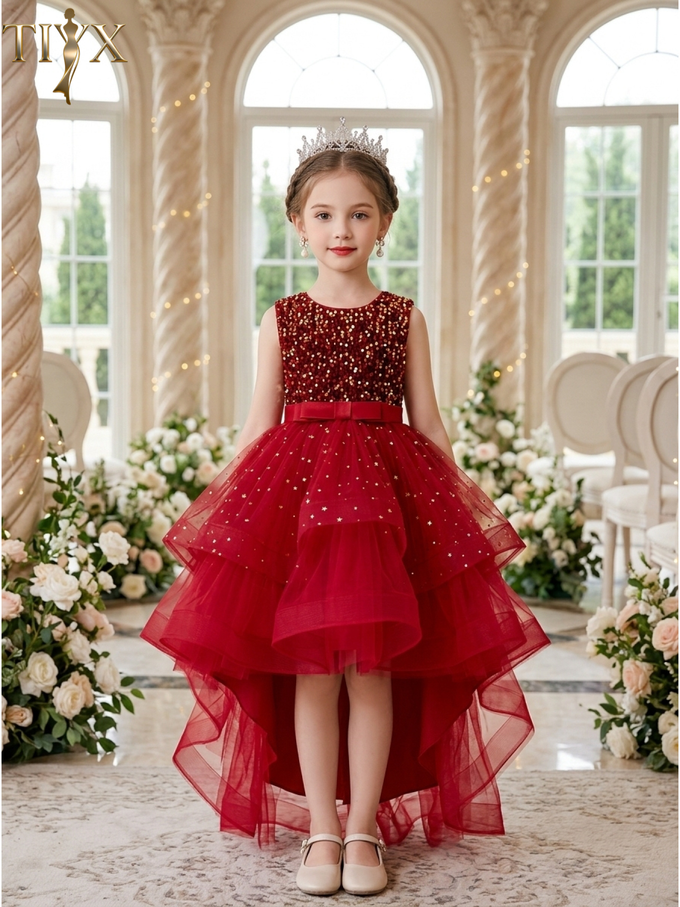 open lace back dress Rachel Allan RQ4042 Detachable Sleeve Flower Girl Dress