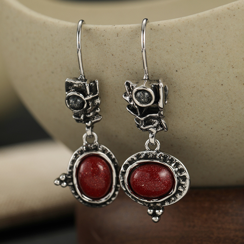 Women's Vintage Distressed Long Earrings with Asymmetrical Oval Pendant
