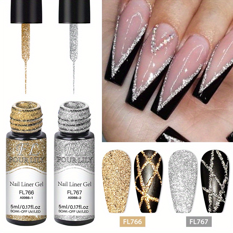 Image of Fourlily 2pcs/set Reflective Liner Gel Nail Polish French Sparkling Laser Glitter Semi Permanent Gel Nail Art Varnish