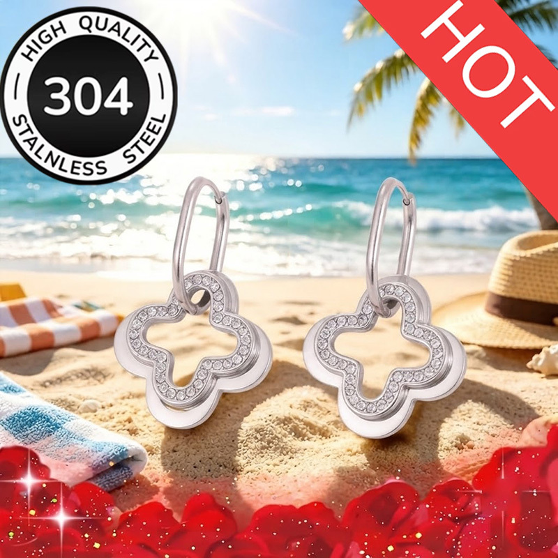 TEMU 1 Pair: 304 Stainless Steel 18k Golden Plated Clover Earrings, Dual-tone Hollow Pendant Drop Earrings, Inlaid With Sparkling Zirconia,